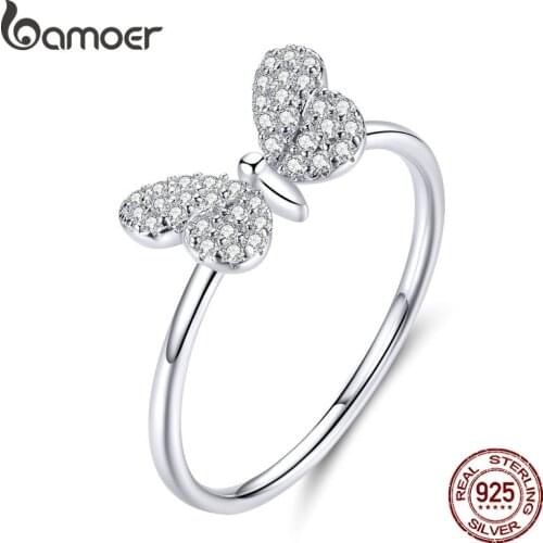 Bamoer Authentic 925 Sterling Silver Clear CZ Butterfly Finger Rings for Women Wedding Statement Band Anniversary Gifts SCR621