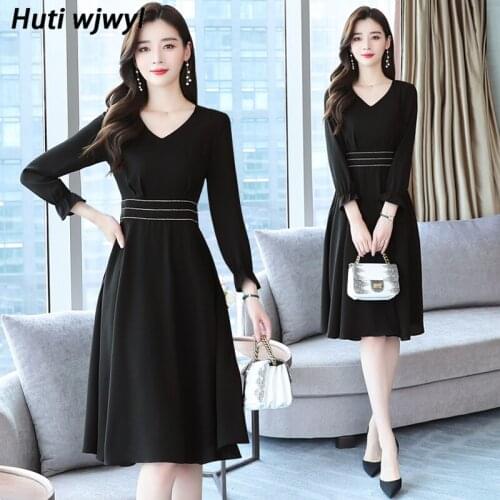 Autumn Korean Black Plus Size Party Midi Dresses 2021 Fashion Vintage Solid Chiffon Beach Dress Women Elegant Bodycon Vestidos
