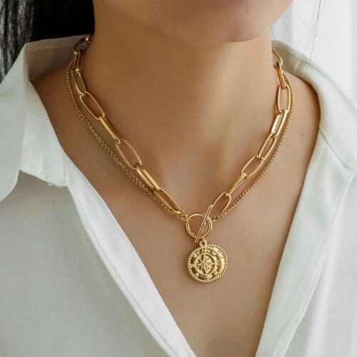 NEW Choker Coin Necklaces Women Vintage Gold Layerd Chunky Thick Chains Compass Bow Knot Pendant Necklace collier femme Jewelry