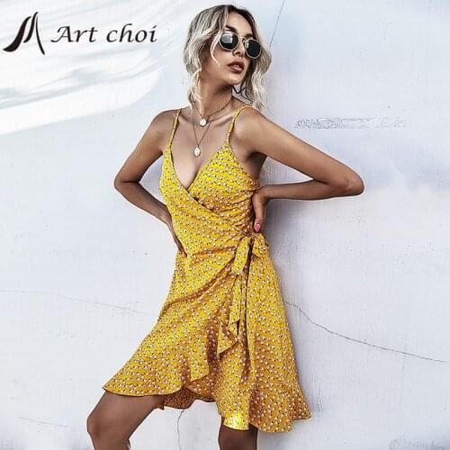 2021 Women Print Ruffle Spaghetti Strap Dress Summer V Neck Sleeveless Sexy Ladies Sundress Beach Boho Wrap Dresses Mini Vestido