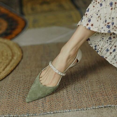 2021 Spring/Autumn Women Shoes Pointed Toe Sheep Suede Cow Leather Women Pumps Mixed Colors String Bead Slip-on Wedege Sandals