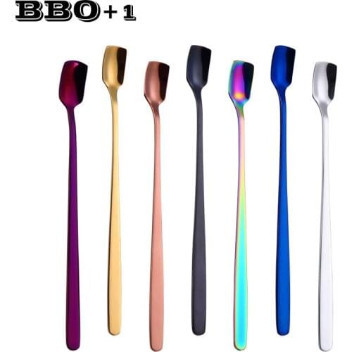 304 Stainless Steel Stirring Spoon Long-handled Ice Cream Coffee Spoons Set Creative Spoon Korean Gold-plated Square Head Scoop