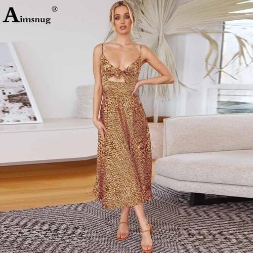 Aimsnug 2021 Bohemian Leopard Print Dress For Women Sexy Fashion Bow Tie Dress Sleevelesss Plus Size Female Mid-Calf Dresses