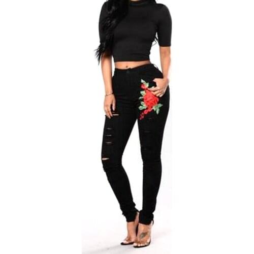 Plus Size Flower Patch Ripped Jeans Great stretch High Waist Pants Skinny Jeans