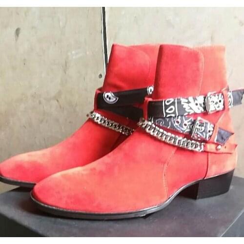 New red Chelsea boot men suede leather boots point toe metal sliver chains boots party shoes men buckle ankle boots