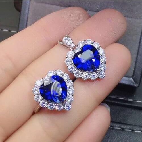 Real Natural Sapphire jewelry set Natural Real Sapphire 925 sterling silver 1pc pendant,1pc ring