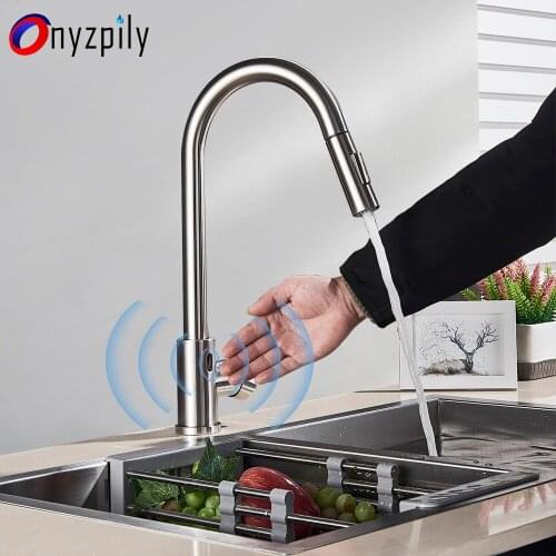 Onyzpily Brushed Induction Kitchen Faucet Sensor 360 Rotation Pull Out Single Handle Mixer Two Water Mode Sink Crane Hot Cold