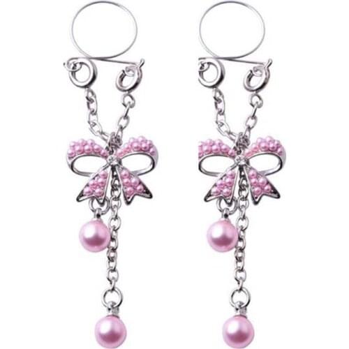 No rod 2PC Adjustable Size Sexy Non Pierced Clip On Fake Nipple Ring Body Jewelry Nipple Adult Sex Toy Piercing pink/white bead