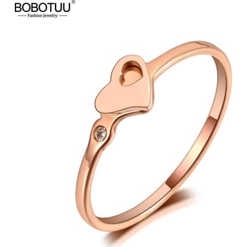 BOBOTUU New Office Style Titanium Stainless Steel Love Heart Rings New Rhinestone Heart Cocktail Ring For Women Girls BR20021