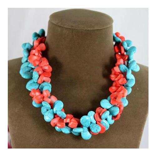 New Classic Luck Jewelry Real Stone Turquoises Coral Necklace Green And Red Color Chunky Statement Gemstones Jewelry Women Gift