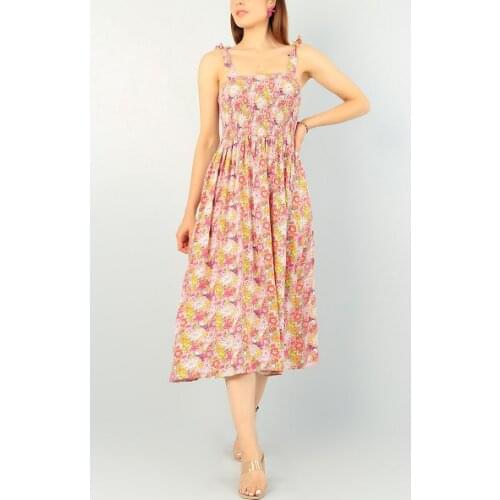 NEW SEASON FASHION SUMMER WOMEN PINK GİPELİ PİLELİ WOVEN DRESS 70386