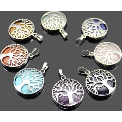 Natural Gem Stone Tree Pendants Amethysts Quartz Crystal Lapis Lazuli Tiger Eye Opal Malachite Stone Pendants Women Men Jewelry