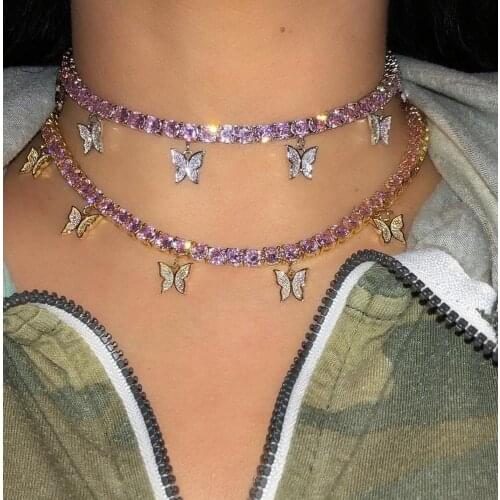 Pink pinky girl women jewelry 5A cz tennis chain butterfly drop charm choker necklace Rock hip hop jewelry