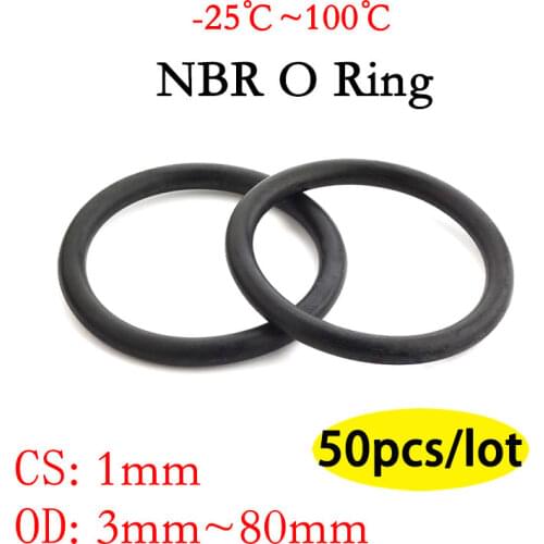 50pc NBR O Ring Seal Gasket Thickness CS 1mm OD 3~80mm Nitrile Butadiene Rubber Spacer Oil Resistance Washer Round Shape Black