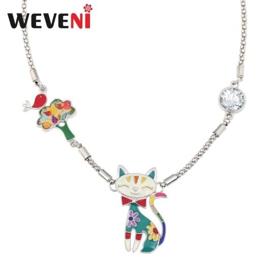 WEVENI Enamel Alloy Floral Smile Cat Tree Bird Rhinestone Necklace Pendant Fashion Cartoon Jewelry For Women Girls Teens Gift