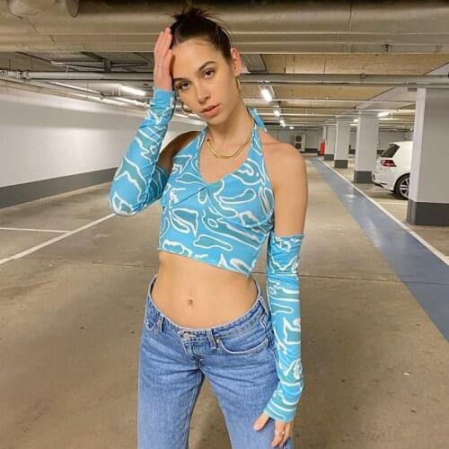 Y2K Fashion Printing Halter Ribbed Blue Tank Top E Girl Style V-Neck Bandage Backless with Sleeve Crop Top Party Wear
