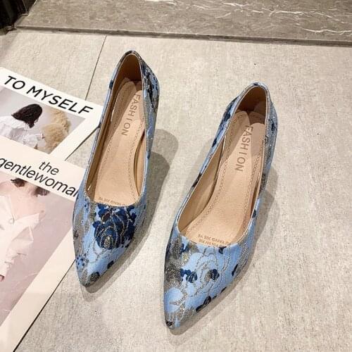 Women Pumps High Heels Shoes Female Casual Thin Heel Denim Ladies Shoe Fashion Slip On Pointed Toe Party Shoes Heels Plus Size