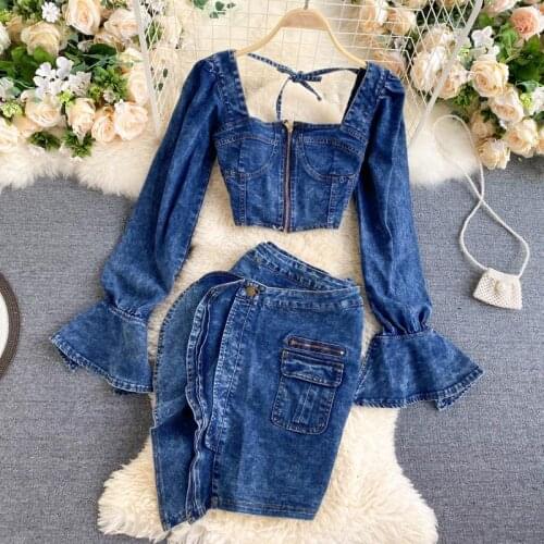 2021 New Arrival Spring Denim Suit Vintage Flare Sleeve Square Collar Denim Tops+irregular Denim Skirt Womens Two Piece Sets