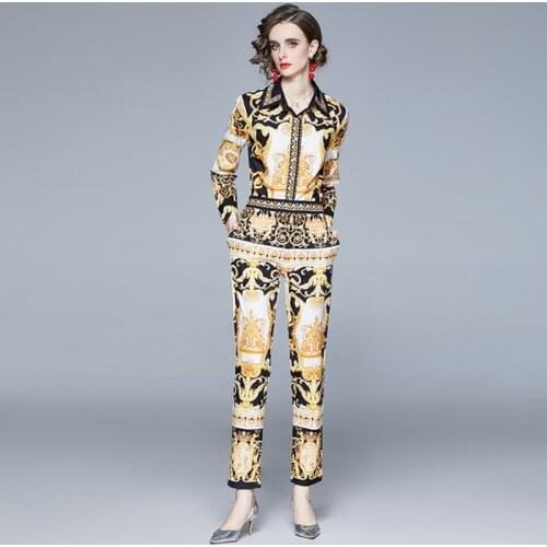 New Fashion Runway Spring Fall Pants Two Piece Set Women Full Sleeve Yellow Floral Print Shirts + Casual Long pencil Pants Suits
