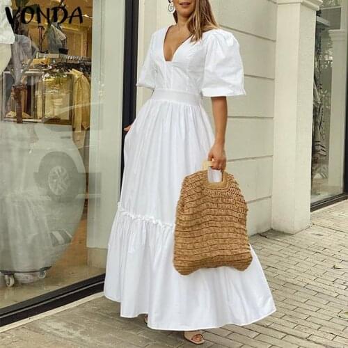 Women Party Dress 2021 VONDA Vintage Puff Sleeve Sexy Deep V Neck High Waist Party Maxi Dress Holiday Formal Sundress Kleid