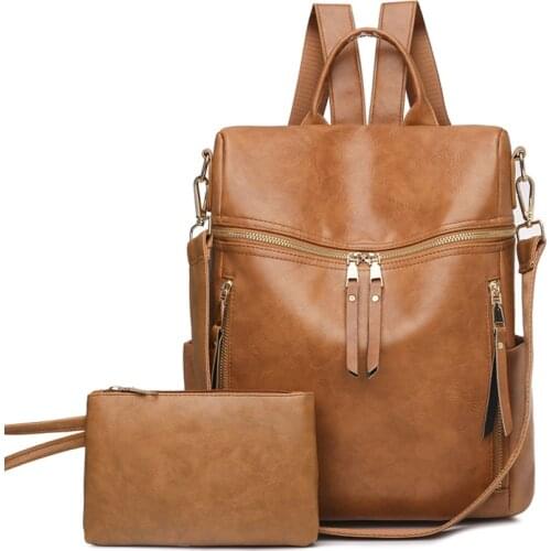 Retro Backapck Purse 2 Set Soft PU Leather Brown Fashion Backpacks For Women Large Capacity Ipad Shoulder Backpack