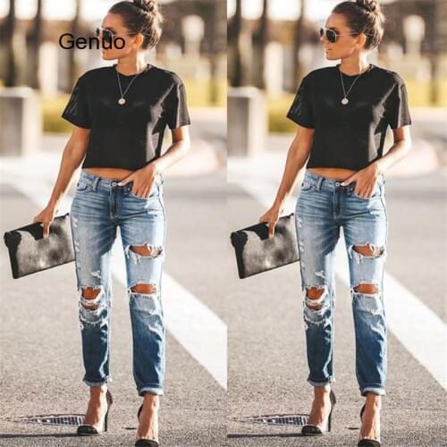 2020 Spring Fashion Hole Ripped Jeans Women Destroyed Cool Denim Mid Waist Skinny Jeans Pants Summer Slim Pencil Jeans Trousers