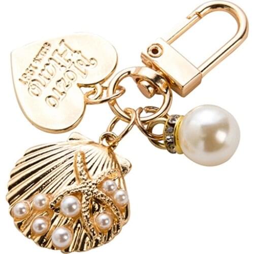 Cute Heart Keychain Women Girl Korean Fashion Shell Pearl Key Chain Bag Charms Gold Key Ring Trinket Key Accessories
