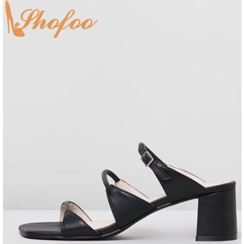 Black Women Sandals High Chunky Heels Square Open Toe Three Straps Buckle Large Size 13 15 Ladies Fashion Mature Shoes Shofoo