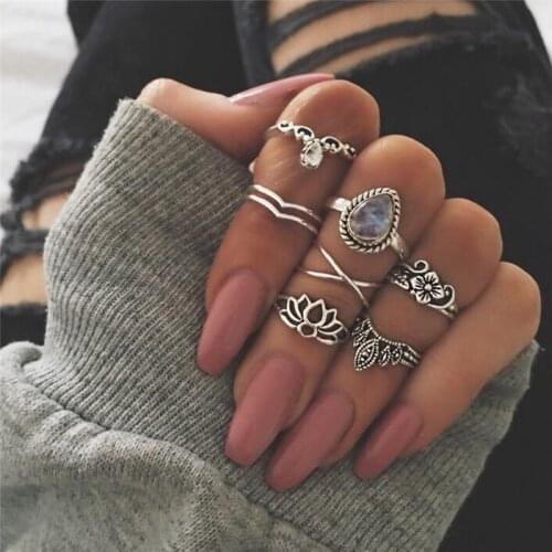 Lotus Flower Elephant Midi Rings Set Vintage Antique Arrow Peace Sign Arrow Feather Bohemian Knuckle Rings Jewelry For Gift
