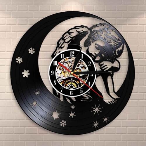 Kid Room Baby Angel Fairy Crescent Moon Home Decor Vintage Vinyl Record Wall Clock Angel on the Moon Wall Art Modern Wall Clock