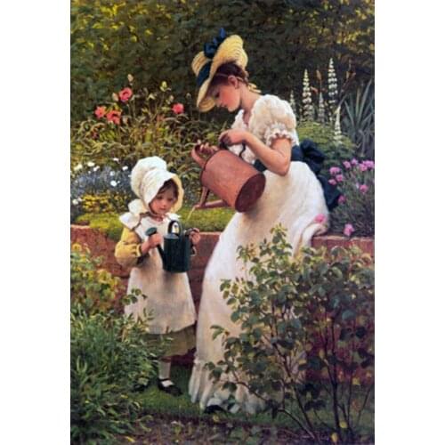 Figure Oil Painting Home Decor Wall Art George Dunlop Leslie The Young Gardener Mother and Little Daughter Handpainted Vertical