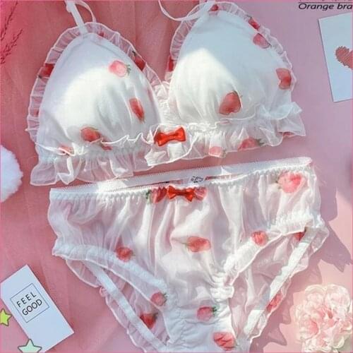 Girls Bra Panties Set Sweet Lolita Mesh Fresh Strawberry Ruffles Underwear Soft Thin Women Lingerie Lace Briefs Intimates Suit