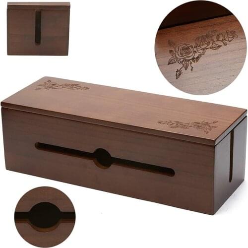 Cable Management Box Wooden Cord Organizer Box for Extension Cord Power Stripe Surge Protector Wire Dark Brown