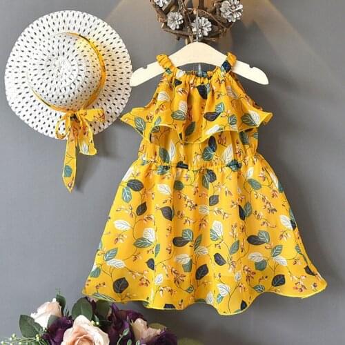 Amya Baby Toddler Girl Summer Dresses Chiffon Floral Beach Girls Dress Children Clothing Princess Costume Kids Dresses With Hat