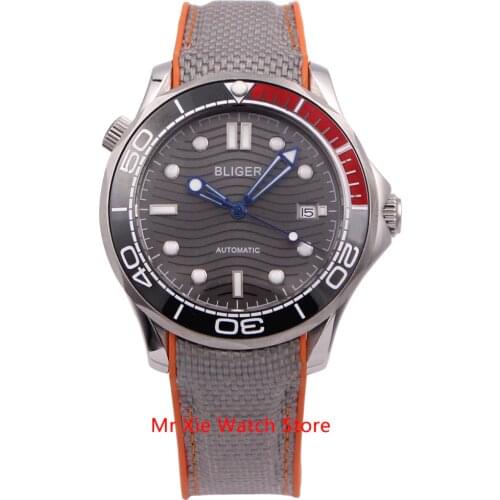 Bliger 41mm Miyota Automatic Mechanical Mens Watch Luxury Brand Rubber Strap Luminous Waterproof Calendar Clock Wristwatch Men