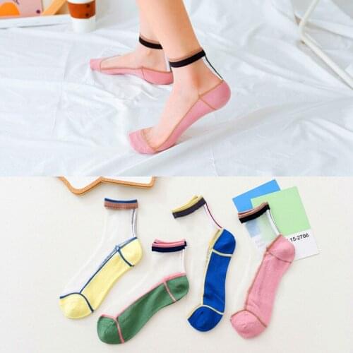 4 pairs of womens socks girl cute womens cotton candy color splicing socks striped socks transparent socks Summer new