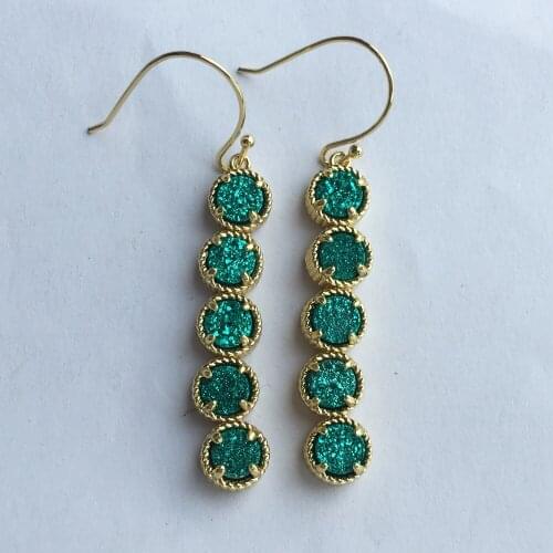 BOROSA Jewelry Design Japanese Opal Earrings Gold color Equidistant Five Natural Turquoises Rainbow Gems Druzy Drop Earrings