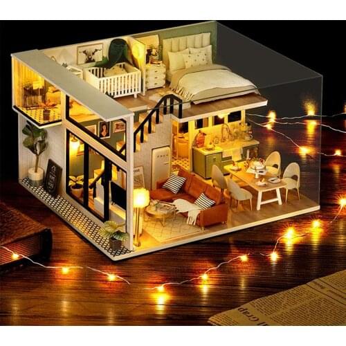 LED Light DIY Wood Miniature DollHouse Cabin Furniture Kit Fantasy for Kids New Year Festival Romantic Gift