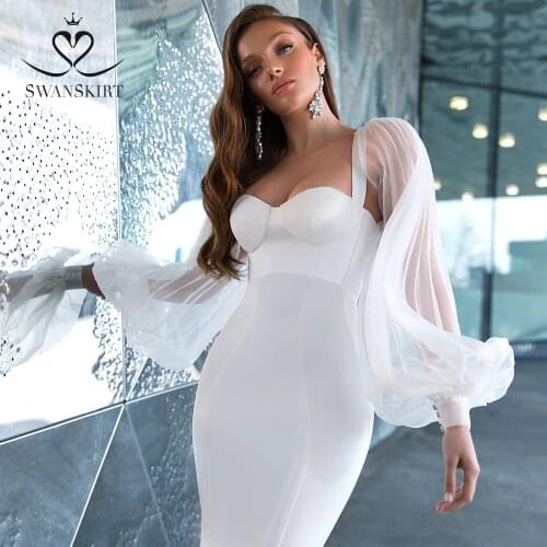 SWANSKIRT Vintage Mermaid Wedding Dress 2020 Sweetheart Satin Puff Sleeve Bridal Gown Customized Vestido De Novia F325