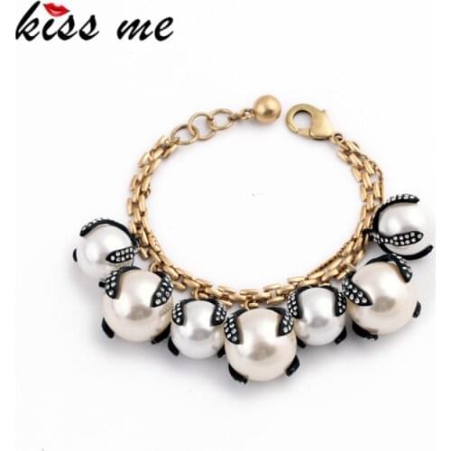 Women Fashion Luxury Glass Crystal Simulated Pearl Charm Bracelet Jewelry KISS ME Party Dress Accessories