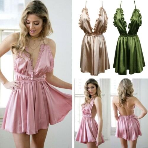 Women Sexy V-neck Sleepwear Solid Color Sleeveless Jumpsuit Rompers Green Pink Champagne S-XL