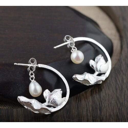 FNJ 925 Silver Lotus Earrings for Women Jewelry Natural Fresh Pearl 100% Original Pure S925 Sterling Silver Stud Earring