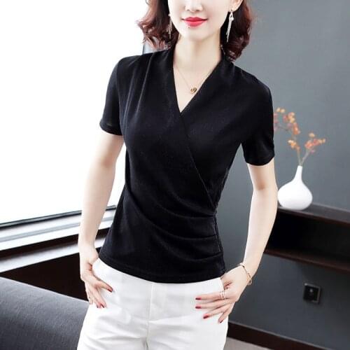 Women Spring Summer Style Blouses Shirts Lady Casual Short Sleeve V-Neck Wrap Blusas Tops DD8892