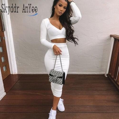 2020 Women Sexy Two Piece Set V-neck Long Sleeve Crop Top And Long Skirt Sets Autumn Winter Bodycon Clothes Two Piece Outfits