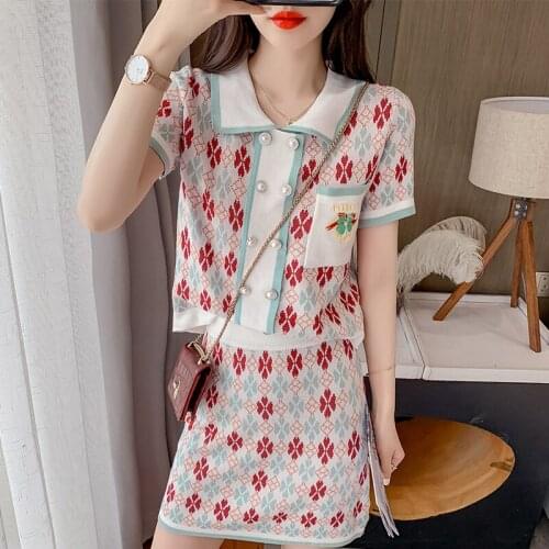 Summer Sweet Chic Women Suit 2021 New Fashion Elegant Short Sleeve Dresses Korean Hit Color Patchwork Knitted Two-piece Suit