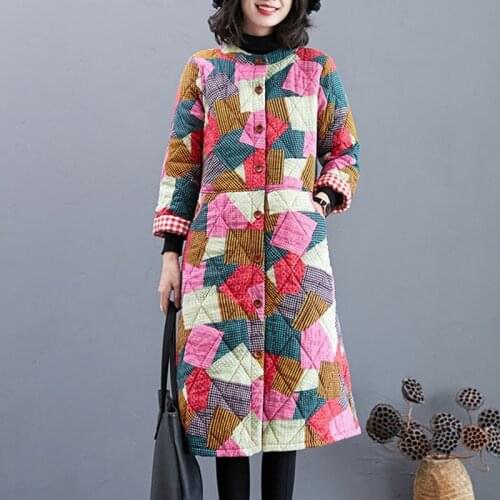 2020 Women Vintage Robe Chinese Style Trench Coats 2020 Autumn Winter New Tang Suit Long Sleeve Print Cotton Warm Coats 11695