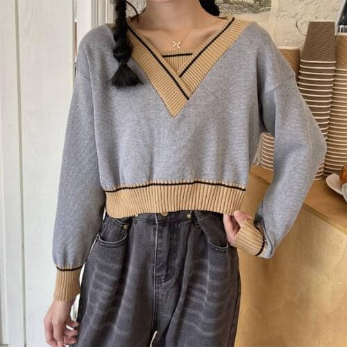 Harteen Spring Autumn Patchwork Knitted Pullover Sweater Women Clothing Long Sleeve Korean Fashion Vintage Ladies Femme Top