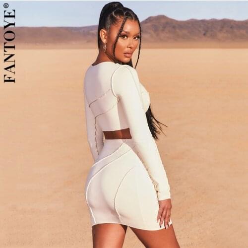 Fantoye Long Sleeve Short Dress Two-Piece Sets Women Crop Top And High Waist Sexy Midi Skirt Dresses Ladies Sexy Outfits Suits