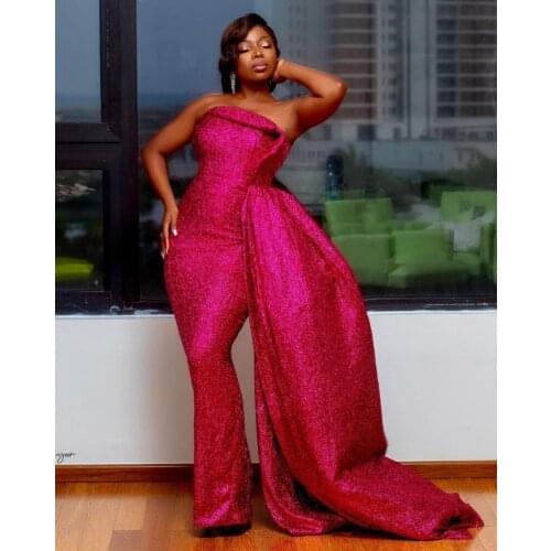 African Mermaid Hot Pink Evening Dresses with Removeable Train Sequins Strapless Prom Gowns for Women Party robe de soirée 2021