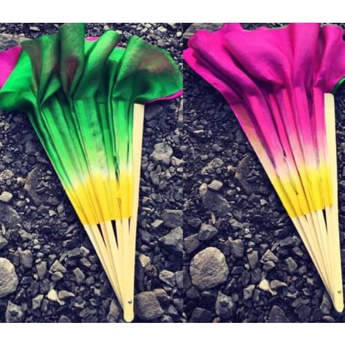 1pair (1R+1L=2PCS) Chinese Short Silk Dance Fan 30cm Bamboo+20cm Half Circle Silk Over Two Sides Different Color Free Shipping
